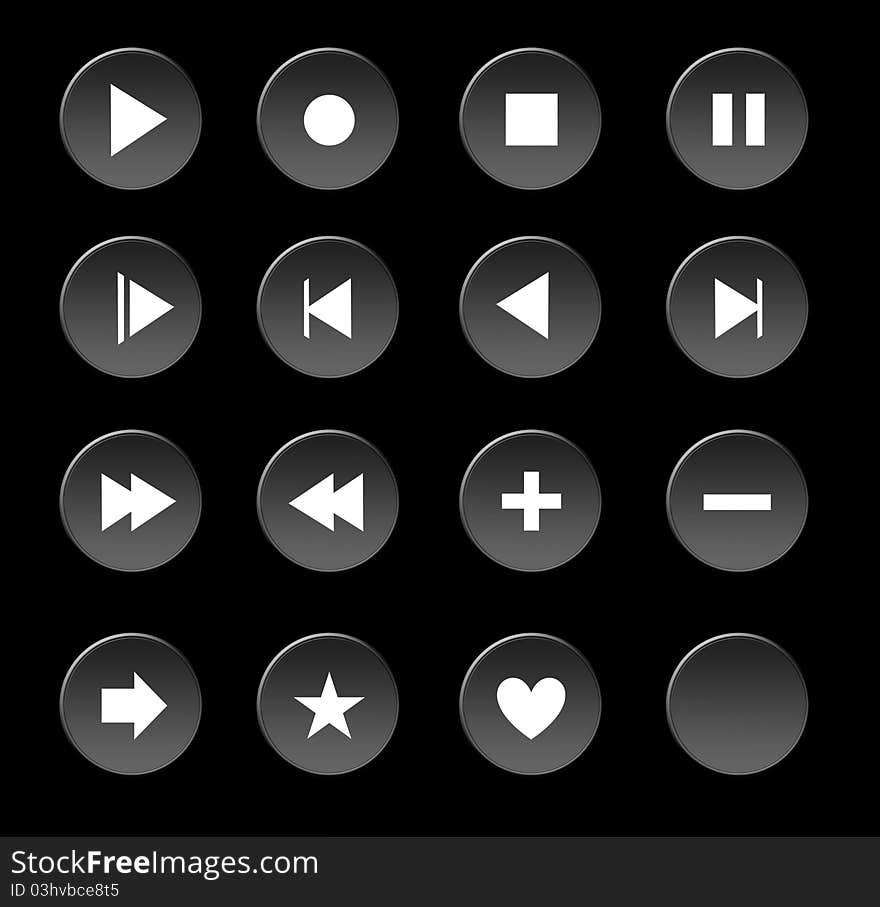 Black media buttons set over black background.illustration