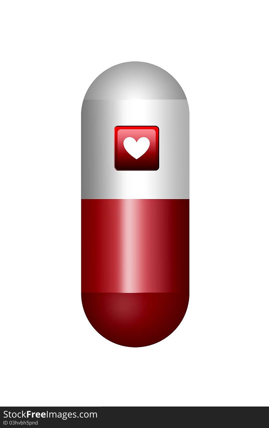 Red and white pill isolated with heart over white background