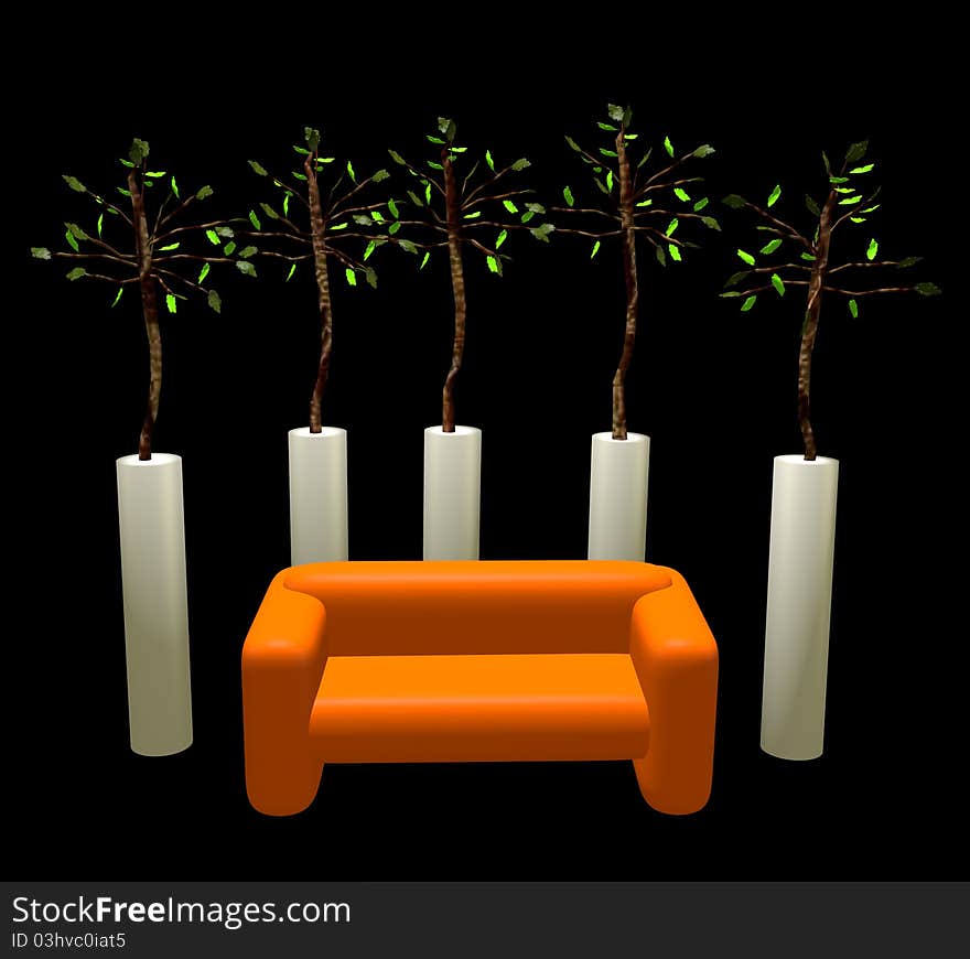 Composition a sofa under trees on a black background