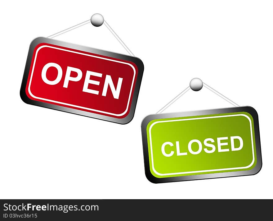 Red and green open and closed signs over white background