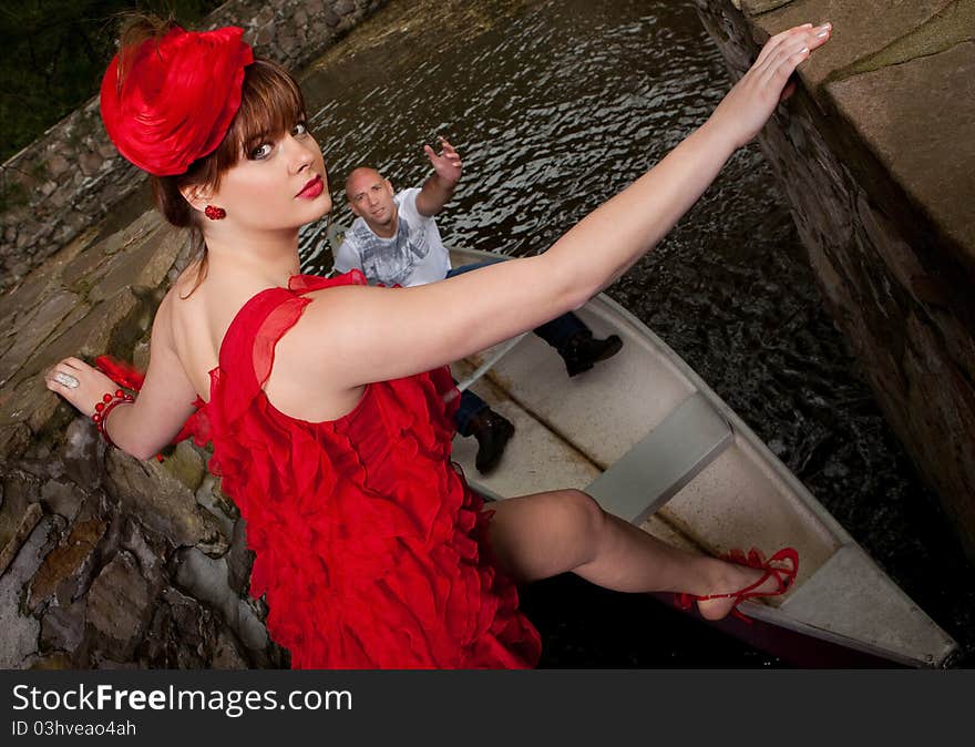 Lady in red leaving her boyfriend for another man. Lady in red leaving her boyfriend for another man