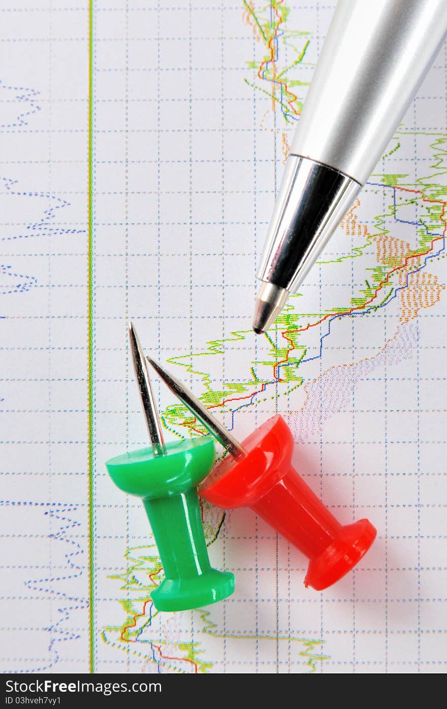 Stock chart statistical chart with pen and drawing pin in red and green color, shown as analysis for stock or currency marketing and trend, or related business and finance concept. Stock chart statistical chart with pen and drawing pin in red and green color, shown as analysis for stock or currency marketing and trend, or related business and finance concept.