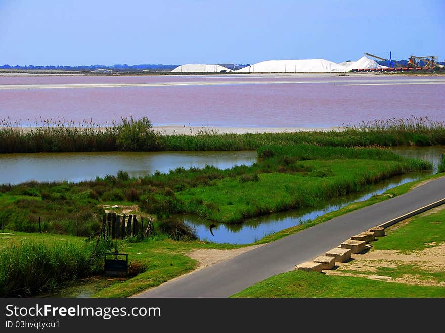 Salt production at Aigues-Mortes in the Camargue, France.