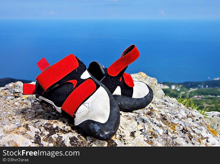 Climbing shoes on a rock