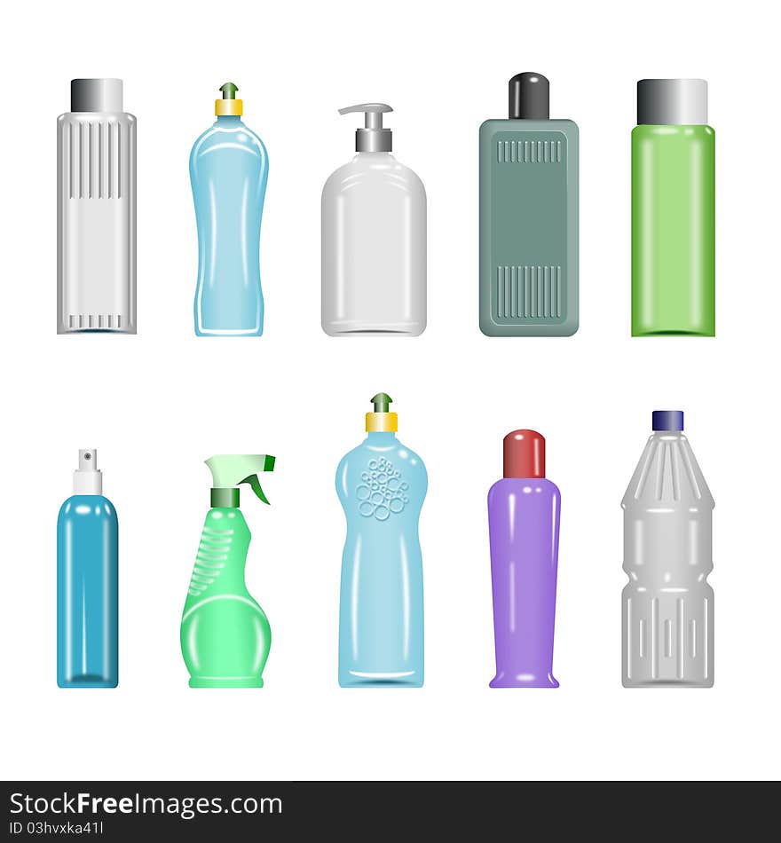 Set of illustrations of ten different types of bottles. Set of illustrations of ten different types of bottles