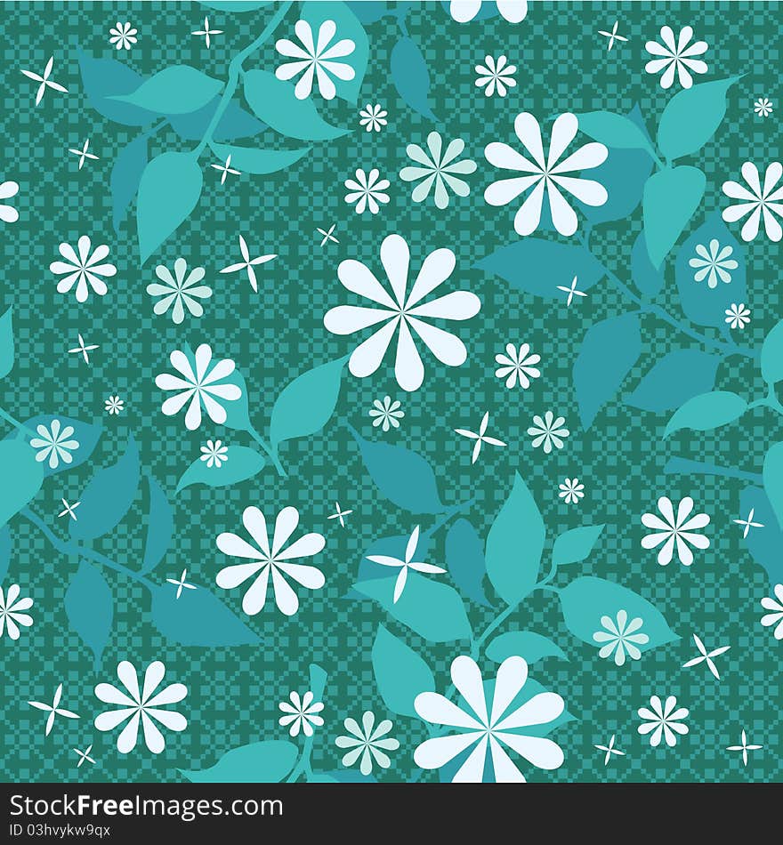 Seamless floral pattern. Branches, leaves and flowers in green. Seamless floral pattern. Branches, leaves and flowers in green