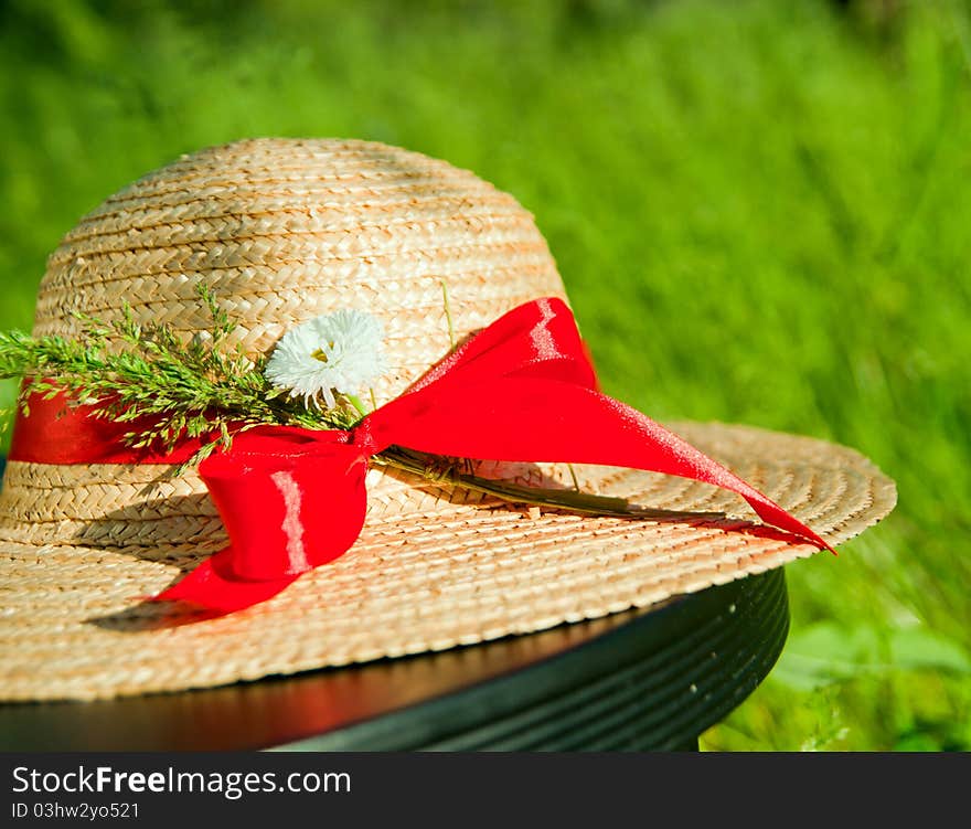 Straw Hat With Red Ribbon In The Grass