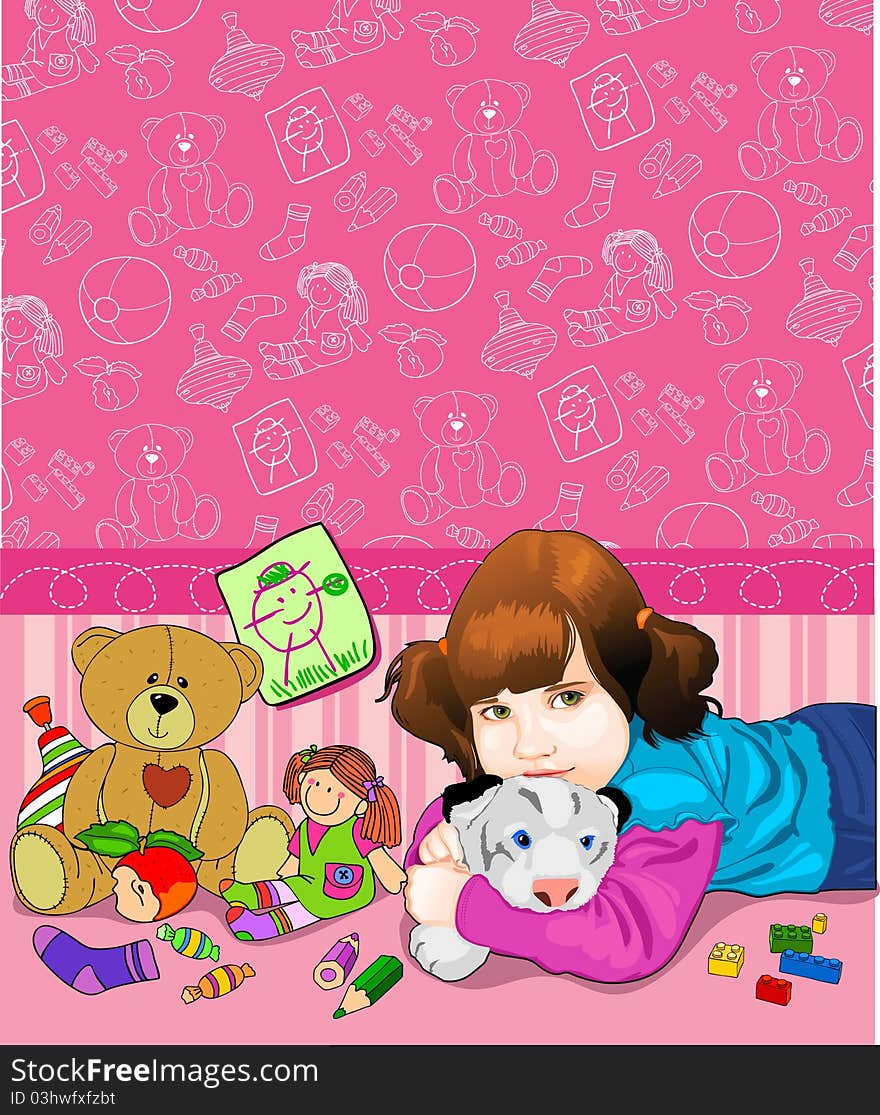 Children's pattern with toys for girl. Children's pattern with toys for girl