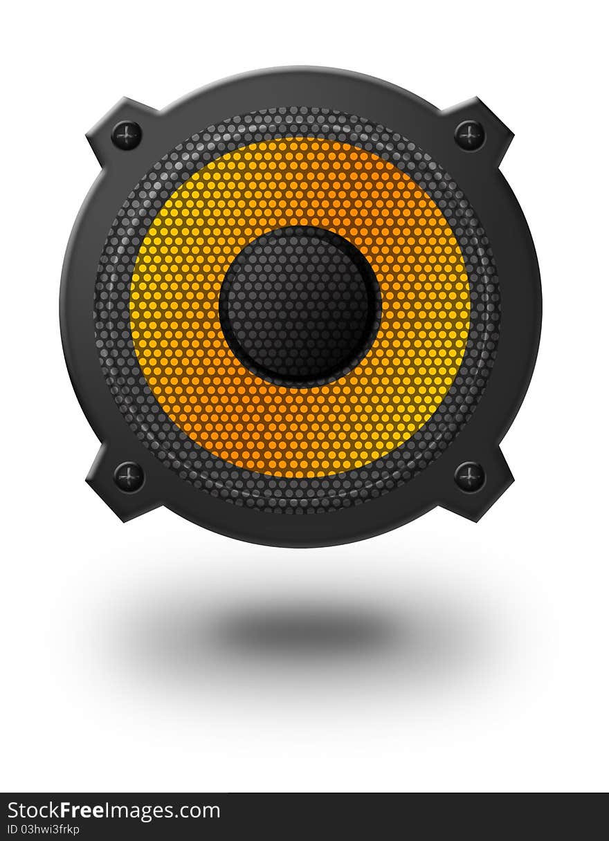 Black and yellow speaker with shadow over white background. Black and yellow speaker with shadow over white background