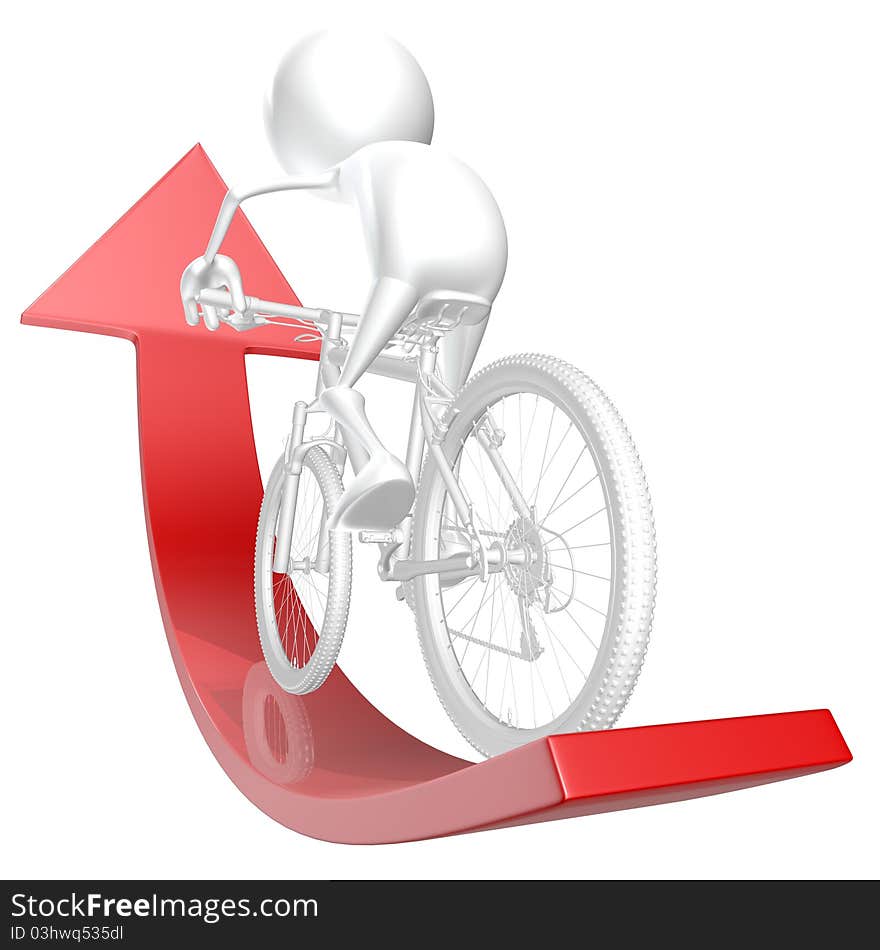 3d man riding his bicycle on the red arrow up, success