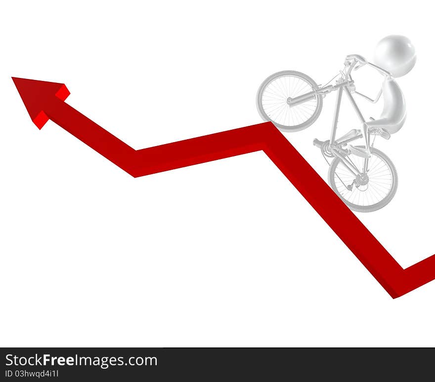 3d man riding his bicycle on the red arrow up, success. 3d man riding his bicycle on the red arrow up, success