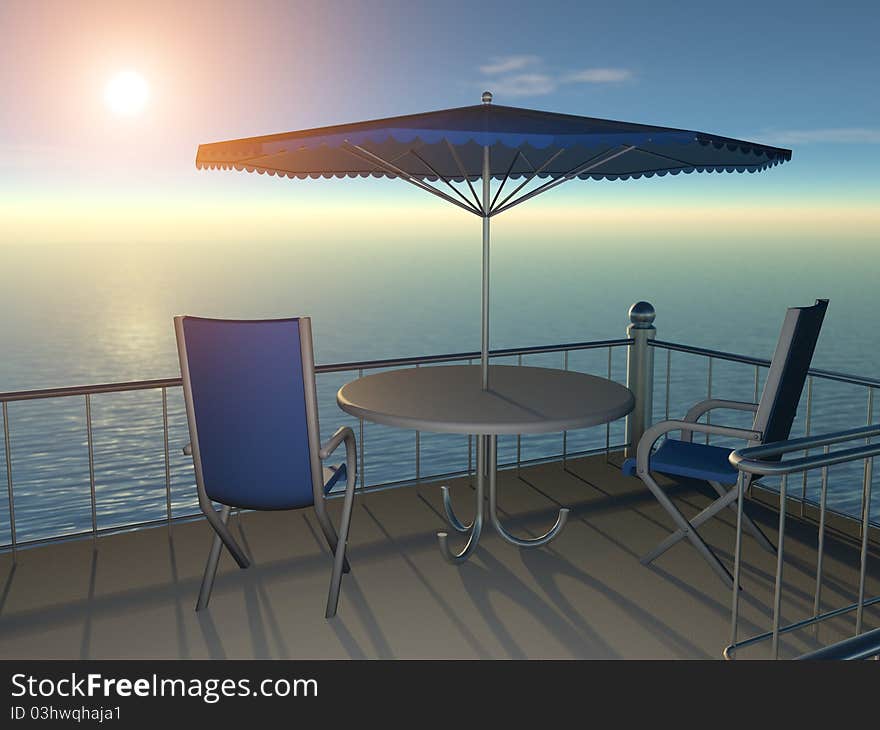 Umbrella and chair on a sea background. Umbrella and chair on a sea background