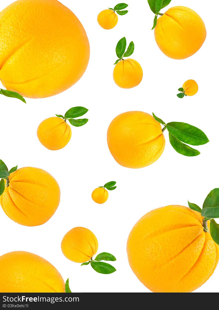 Orange with green leaves making a border Isolated on a white background. Orange with green leaves making a border Isolated on a white background