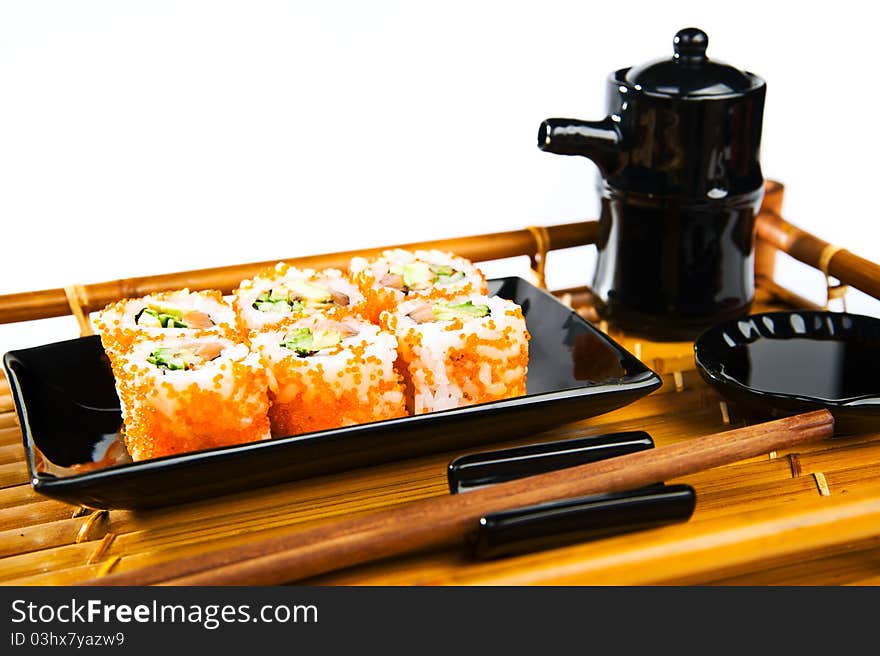 Japanese sushi rice, raw fish and seafood