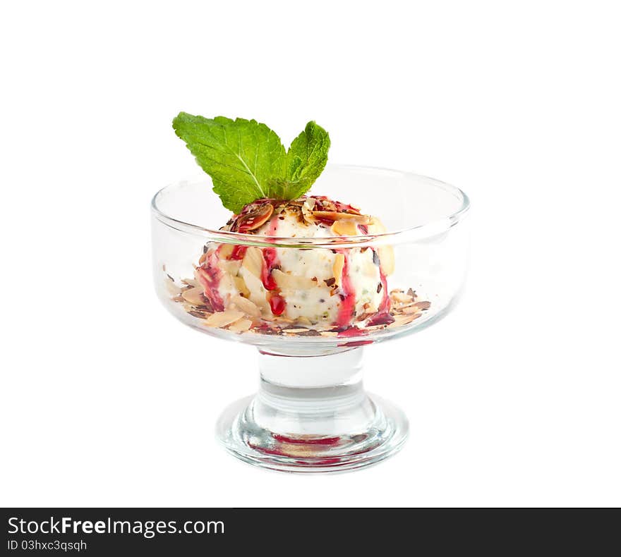 Ice cream ball in glass with mint. Ice cream ball in glass with mint