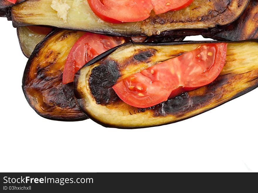 Fried eggplants with fresh tomato isolated on white