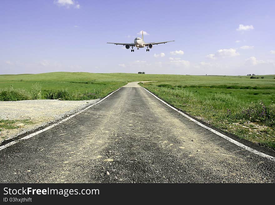 Aircraft landing in a beautifull rural landscape