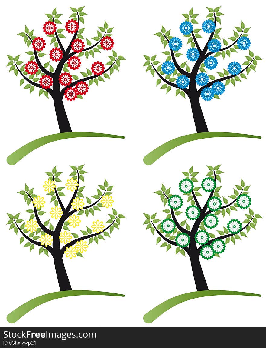 Set Of Tree Stylized With Flowers