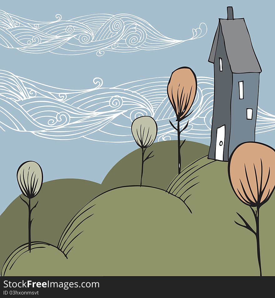 Illustration of small house on a hill with trees. Illustration of small house on a hill with trees