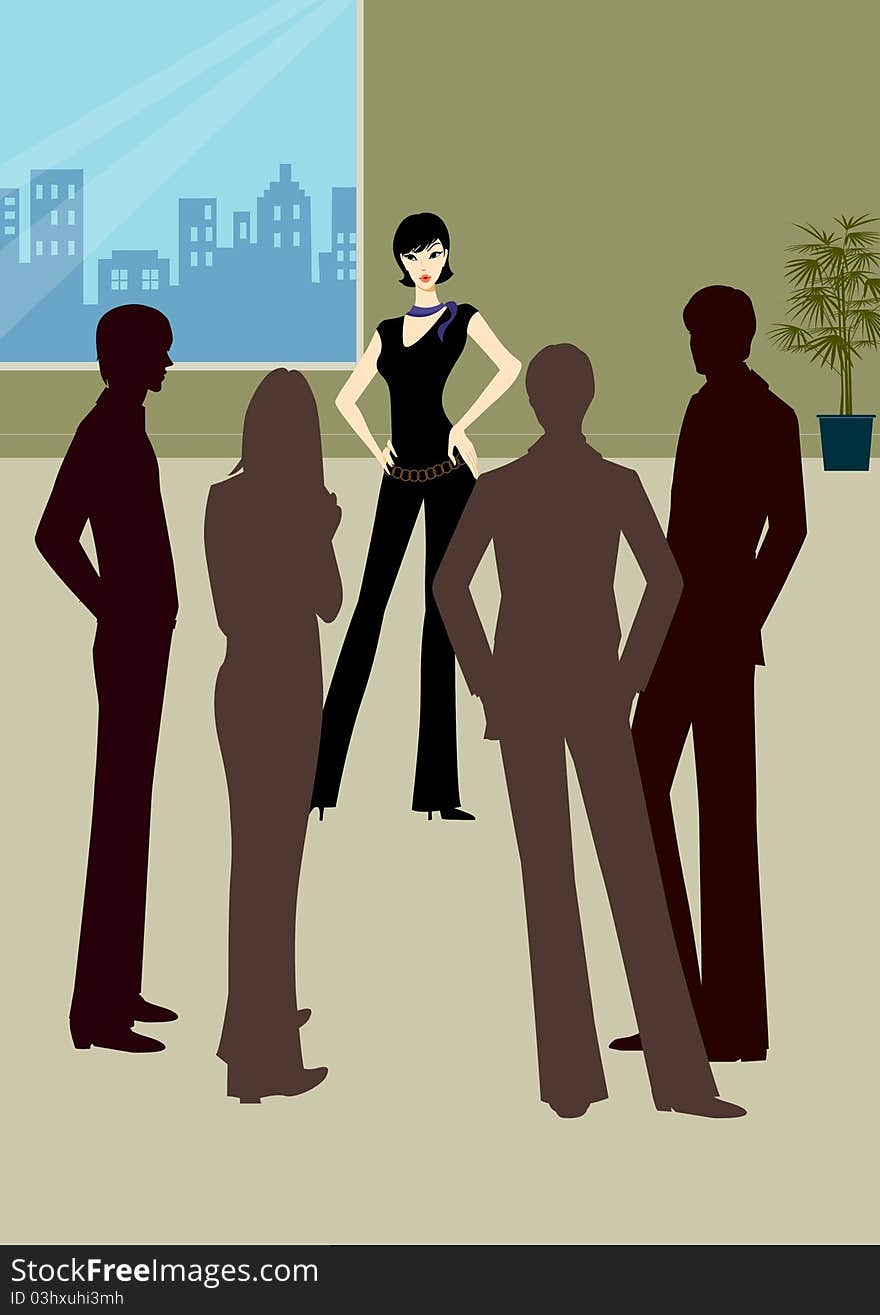 Professional young business woman or lady standing near office building with people or colleagues standing surround. Professional young business woman or lady standing near office building with people or colleagues standing surround