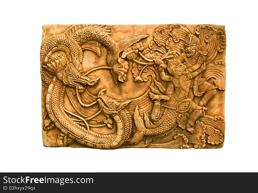 Dragons and monkey sculpture in temple, fairy tale RAMAYANA stucco native Thai style ,Thailand