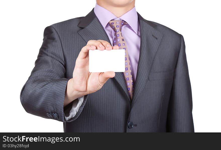 Business man handing a blank business card over white background. Business man handing a blank business card over white background