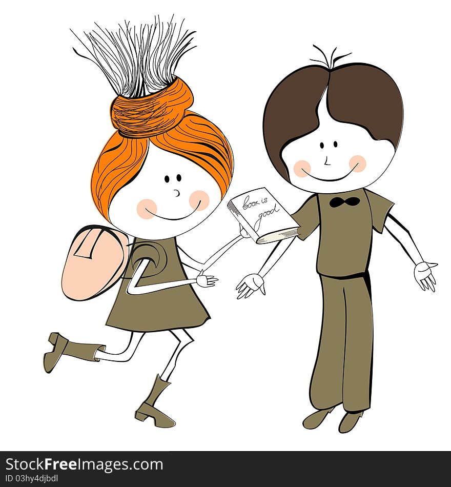 Cartoon style illustration of Girl and boy