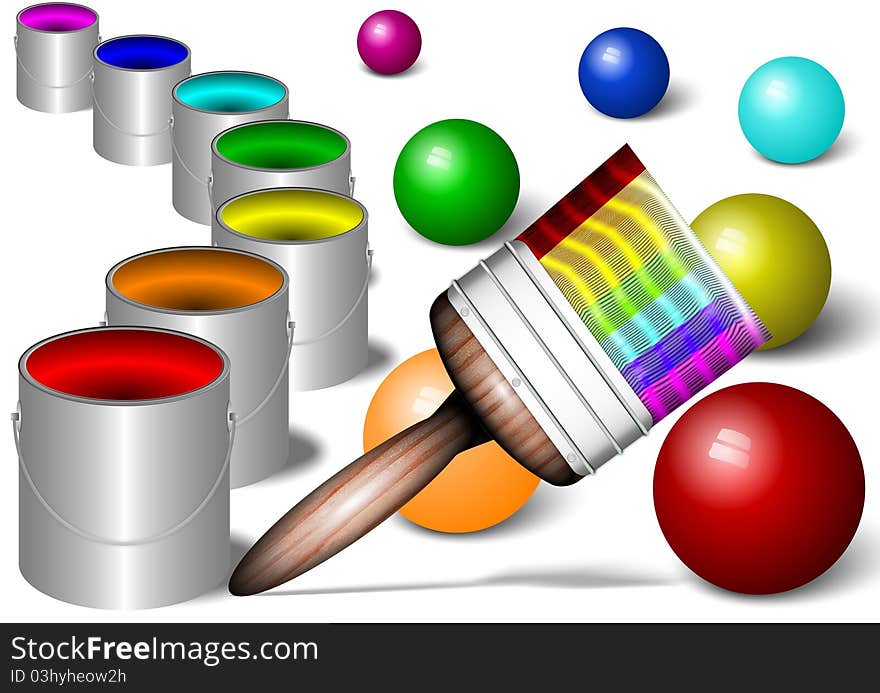 An illustration of a painting brush, cans and shiny balls painted in rainbow colors on white background. An illustration of a painting brush, cans and shiny balls painted in rainbow colors on white background