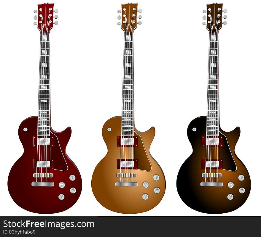 An illustration of an electric guitar in three different colors on a white background. An illustration of an electric guitar in three different colors on a white background