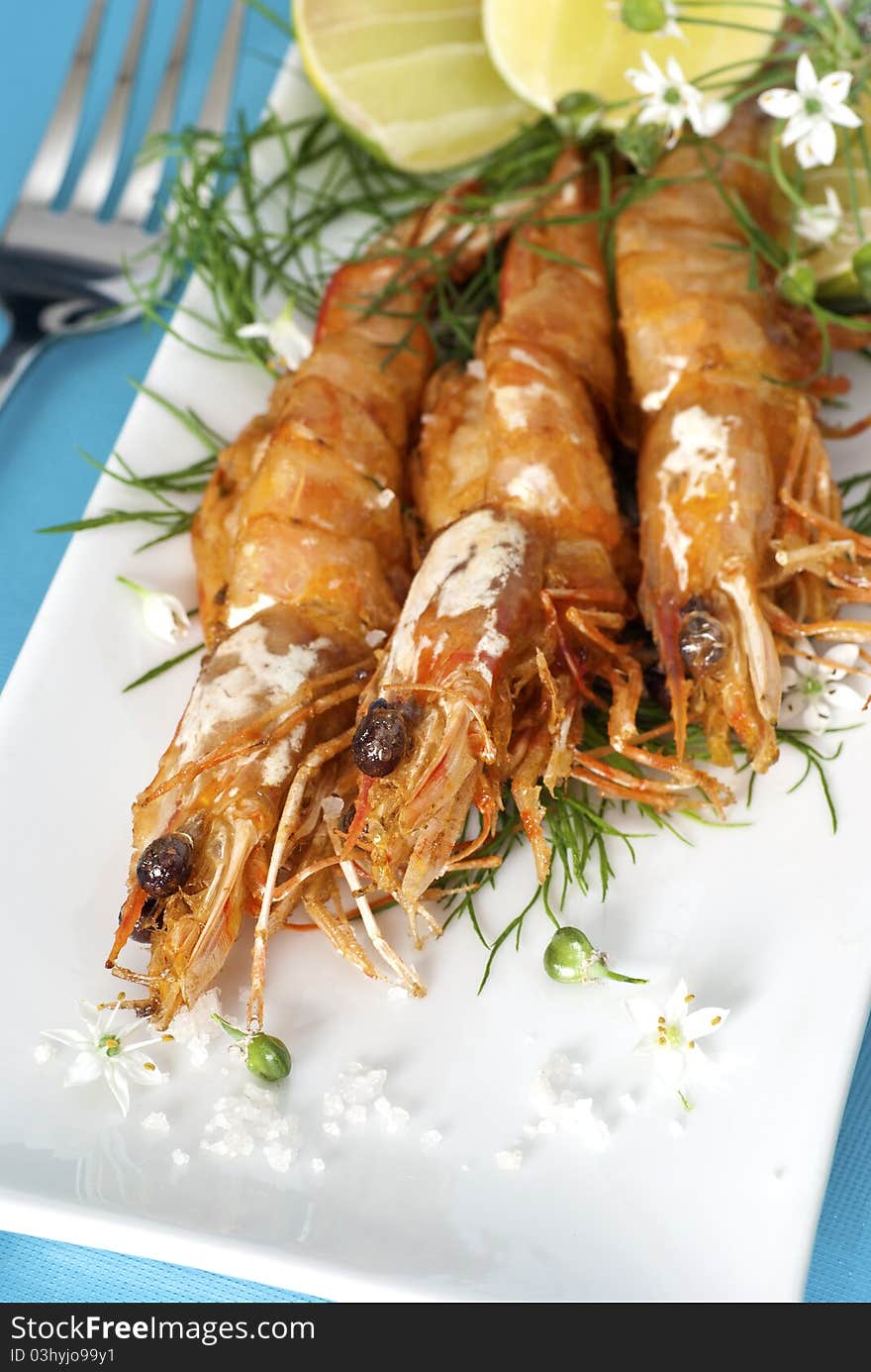 Grilled Prawns on a White Platter