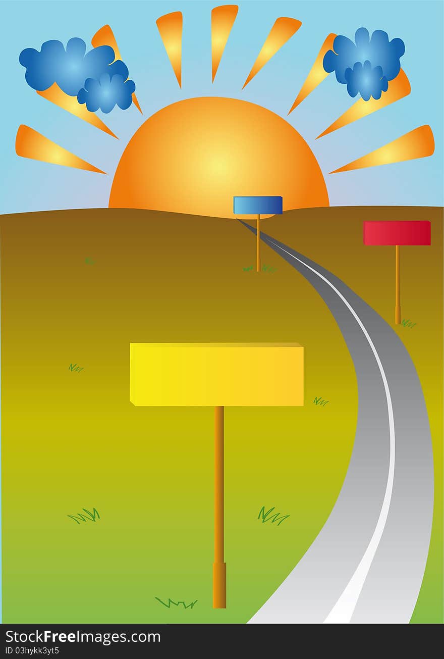 Illustration with blue and green, yellow, red, orange arrow, sign on background and yellow horizon