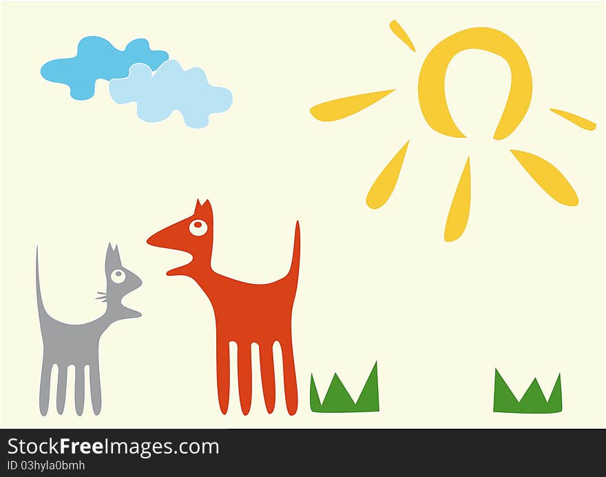 Illustration with blue and green, yellow, red, orange figure, sign on background and yellow horizon, dog and cat