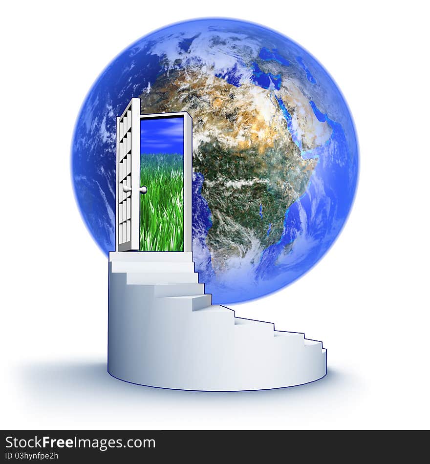 On 3d image stairway intro globe blue planet. On 3d image stairway intro globe blue planet