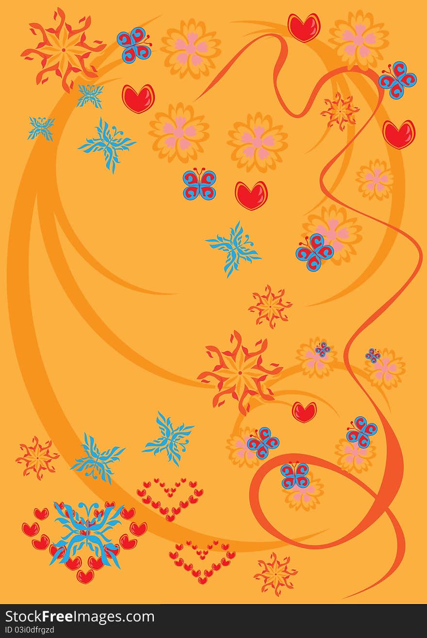 Abstract background with flowers, butterflies and hearts. illustration