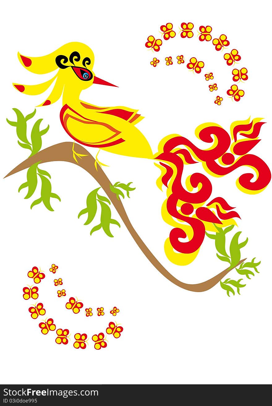 Gold bird on isolated background. Illustration.