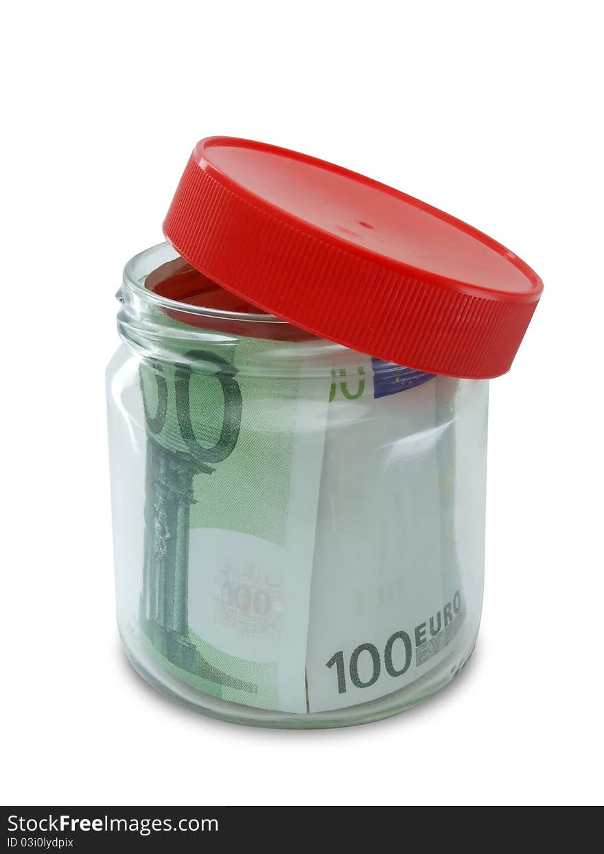 Money in opened jar, isolated on white