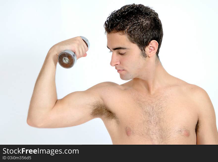 Fitness, Young man lifting weights