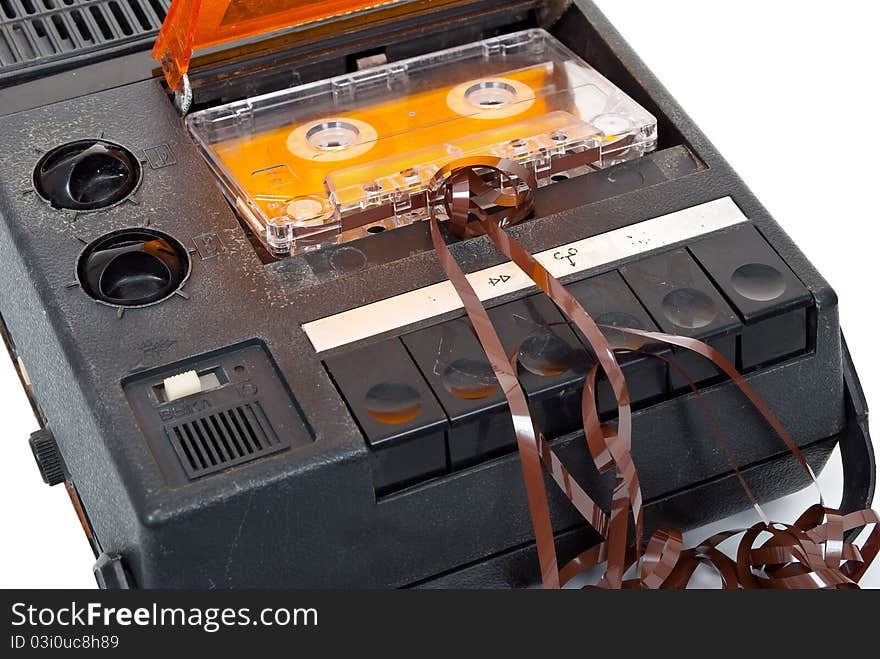 Magnetic audio tape cassette recorder on white