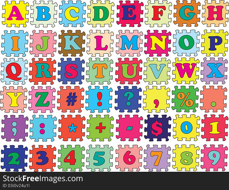 Alphabet, numbers and symbols into vector form a puzzle. Alphabet, numbers and symbols into vector form a puzzle.