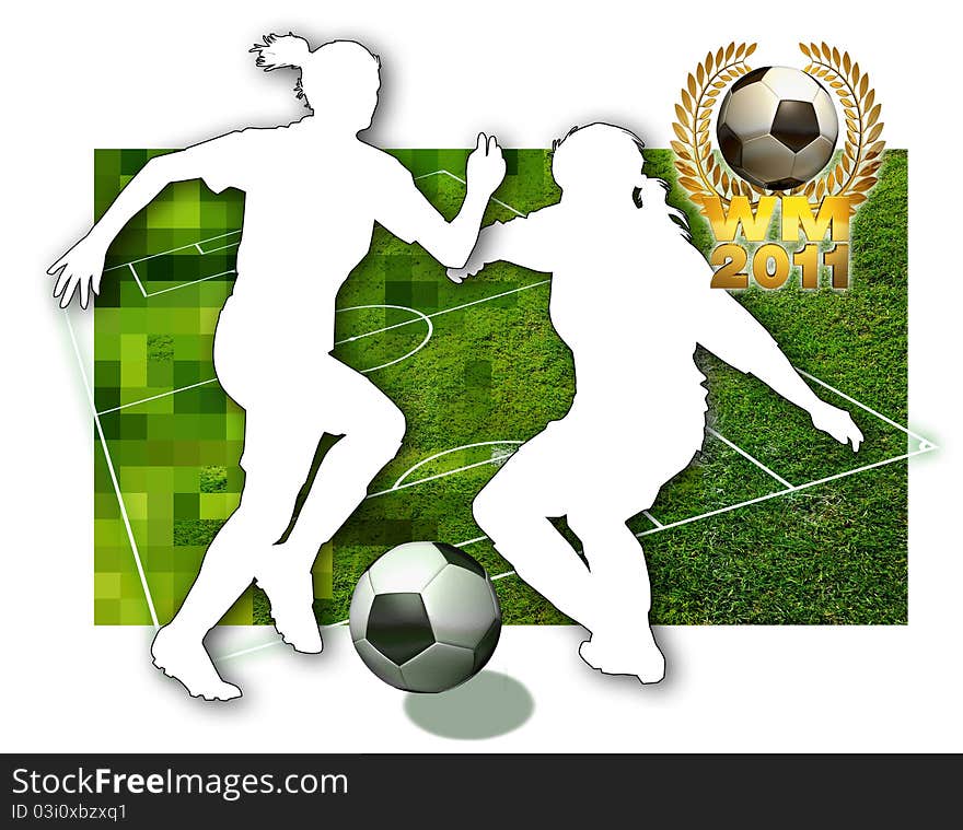 Silhouette of two female soccer players, a ball in black and white, parts of a football pitch and a golden laurel wreath. Silhouette of two female soccer players, a ball in black and white, parts of a football pitch and a golden laurel wreath