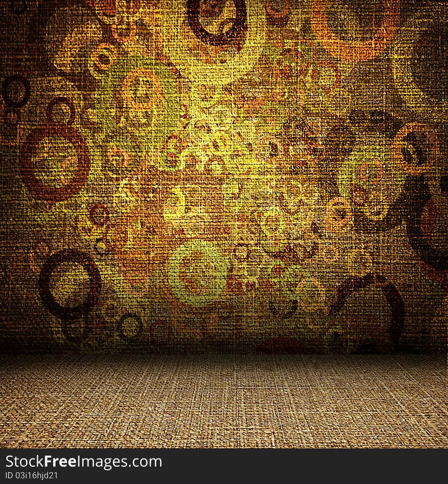 Grunge textile room, colorful circles on the wall