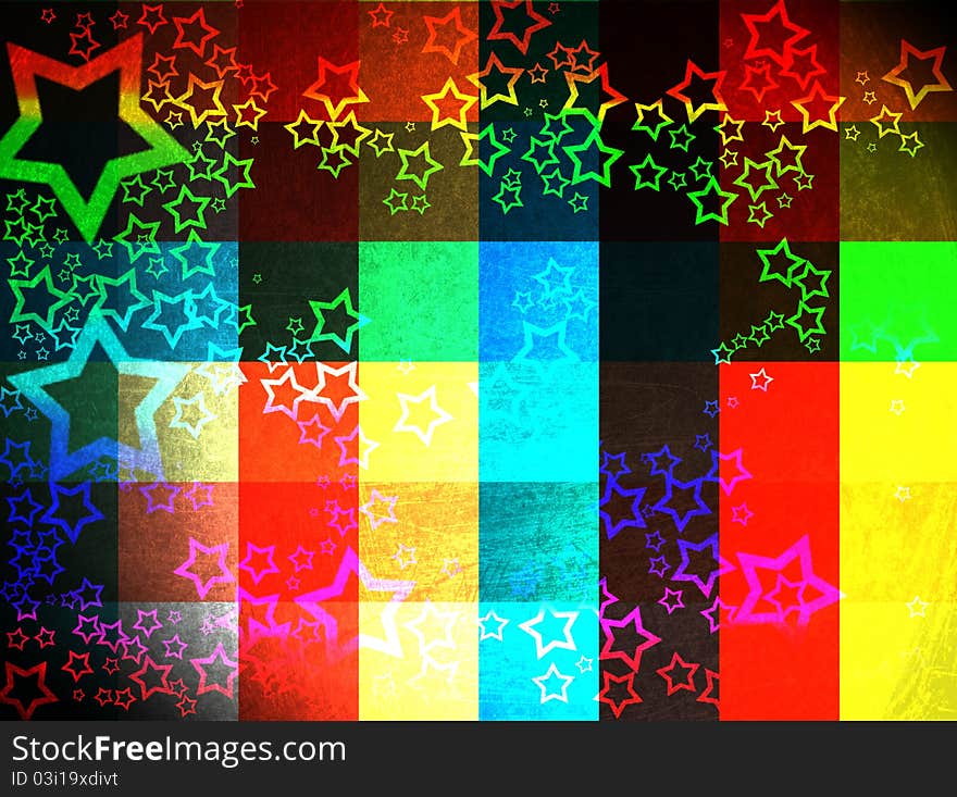 Colorful grunge checkered background with stars