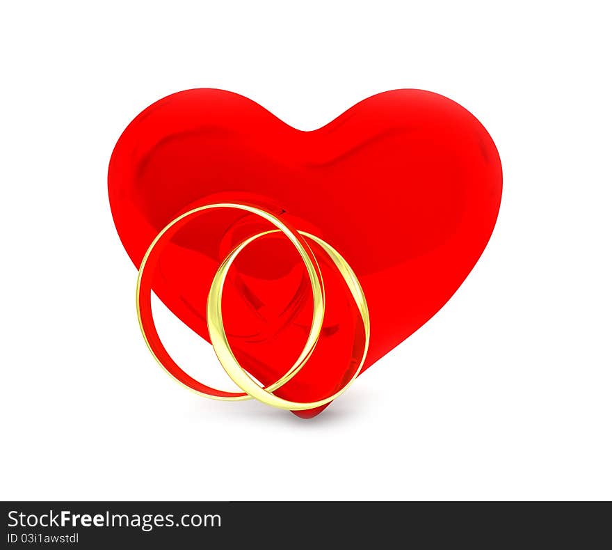 Isolated red heart with golden rings on a white background