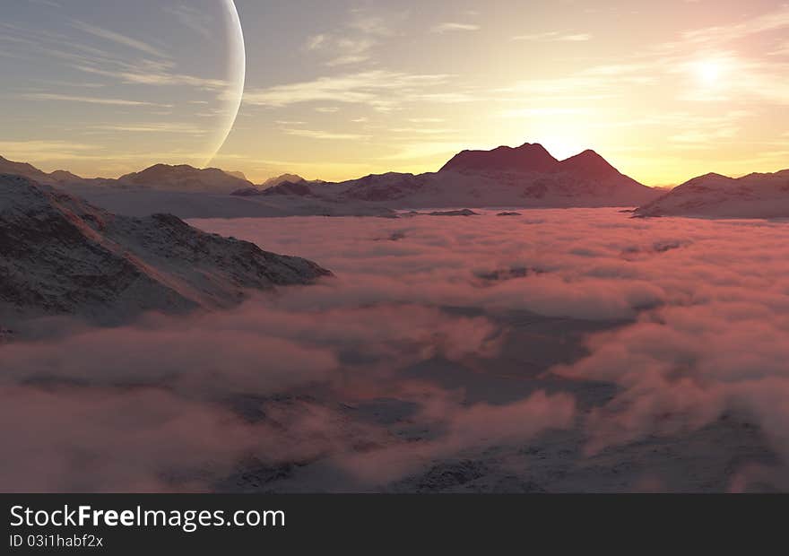 Fantasy background of sunset above the clouds - computer generated. Fantasy background of sunset above the clouds - computer generated