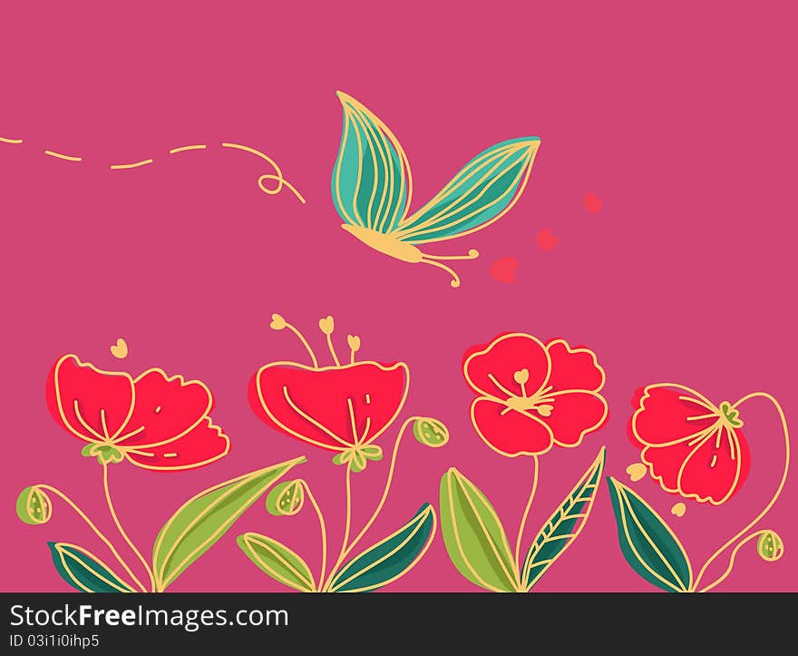 A butterfly flies on poppies field. Vector. A butterfly flies on poppies field. Vector