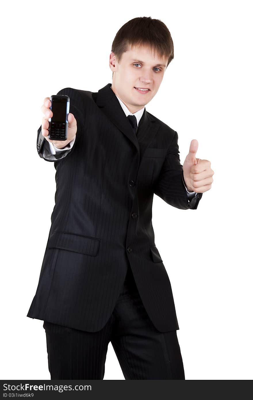 Young business man make good choice on white background