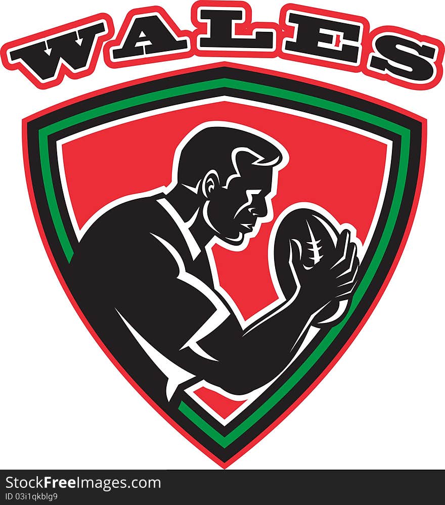 Illustration of a rugby player with ball set inside shield done in retro style with words Wales. Illustration of a rugby player with ball set inside shield done in retro style with words Wales