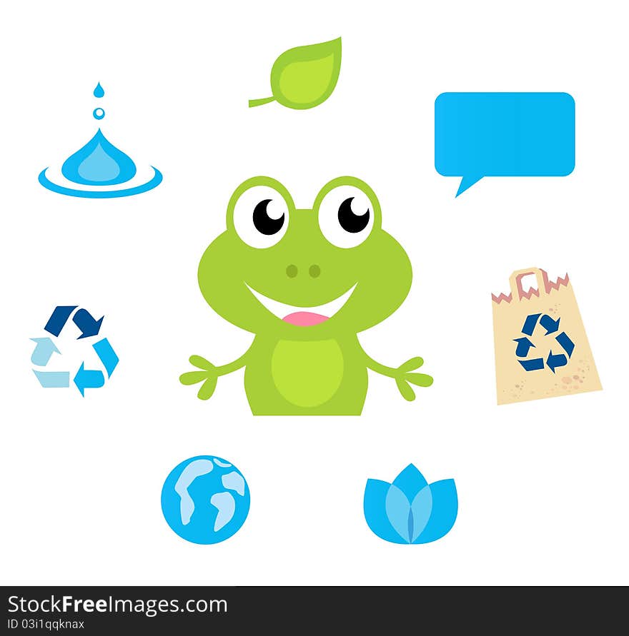 Cute green Frog character, Ecology, Nature and Water icons and symbols