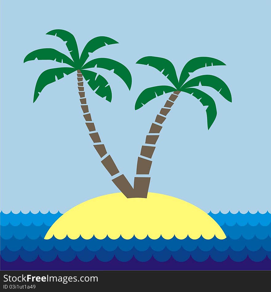 Two palm trees on an island in the ocean