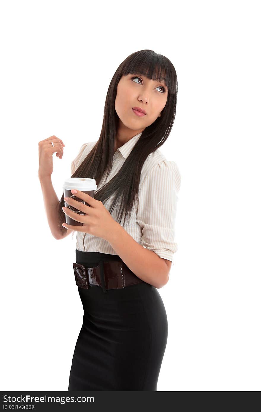 Smart dressed business woman holding a coffee and looking over her shoulder.   Space for copy.   White background.